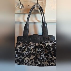 2000s Coach Signature Optic Shoulder Bag in black and silver with leather accent